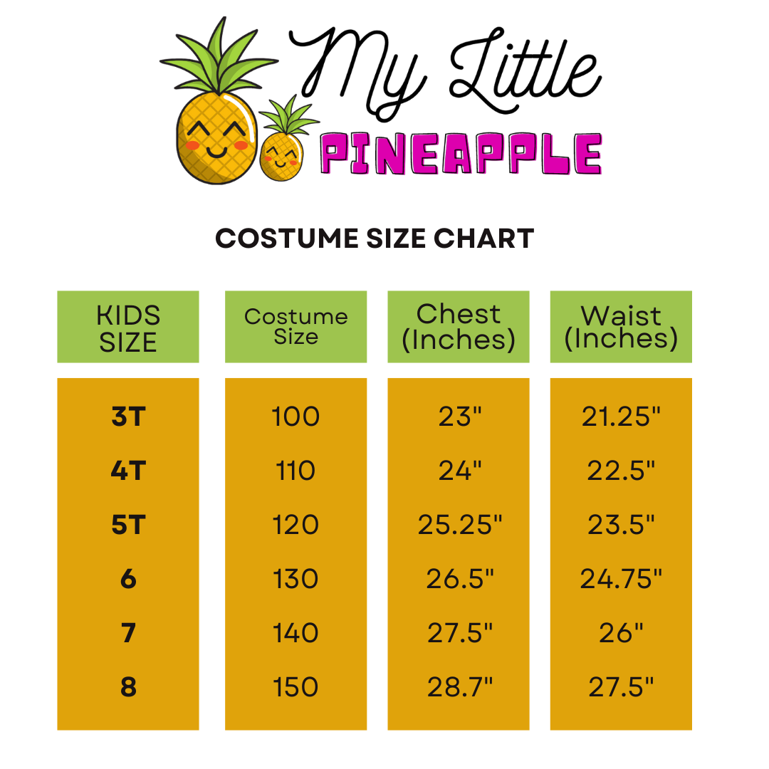 A size chart for costume sizes.