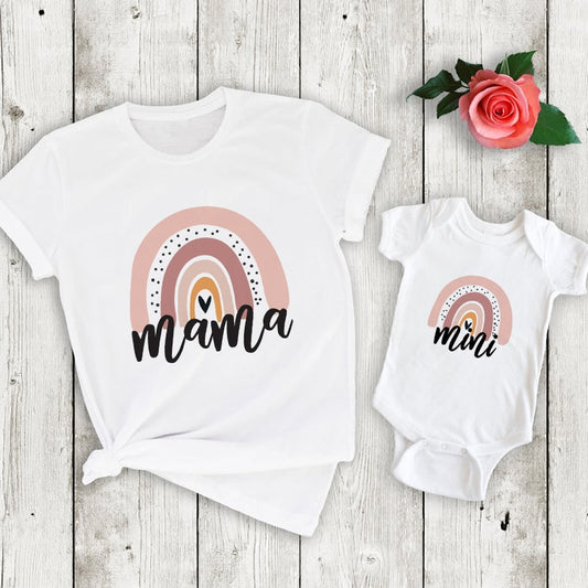 Mommy and Me Blush Rainbow Graphic Tee with Heart or Onesie