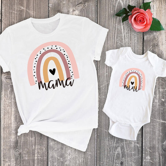 Mommy and Me Pink Rainbow Graphic Tee with Heart