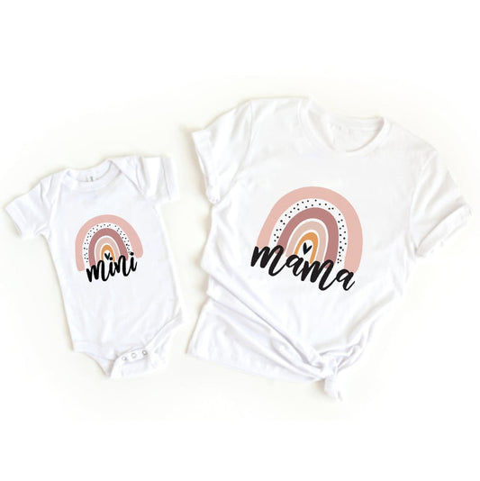 Mommy and Me Blush Rainbow Graphic Tee with Heart or Onesie