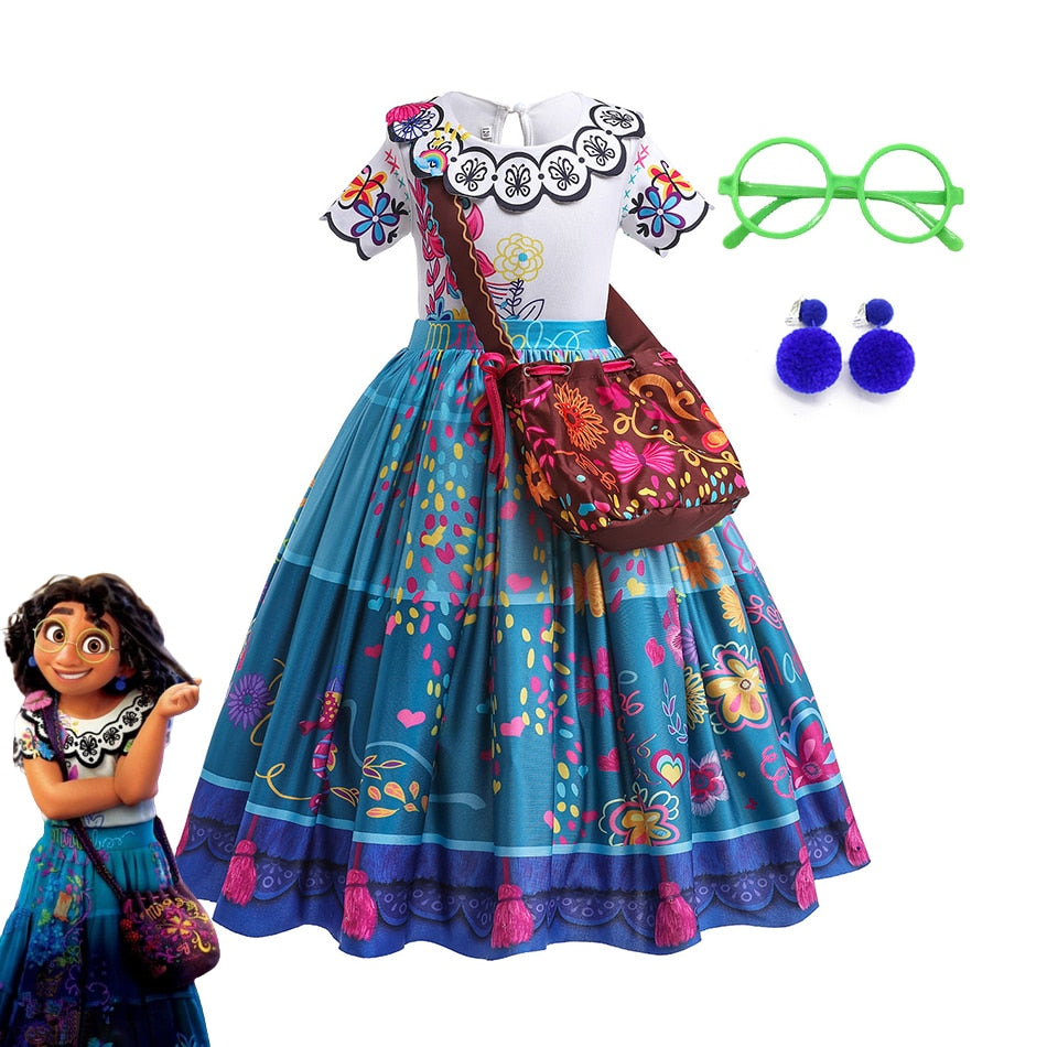 Mirabel Madrigal's Gown and Accessories with her cartoon in image.