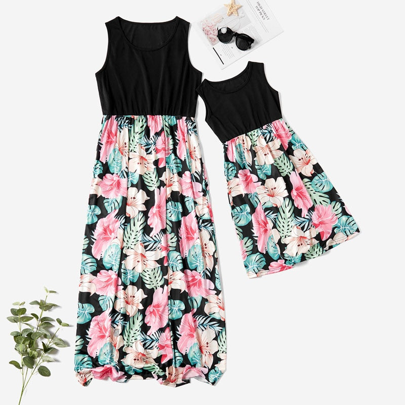Mommy and Me Floral Black Summer Maxi Dress