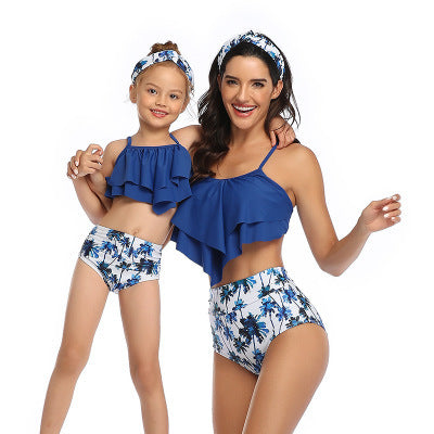 Mommy and Me Flounce Top Matching Tropical Print 2-Piece High Waisted Bikini