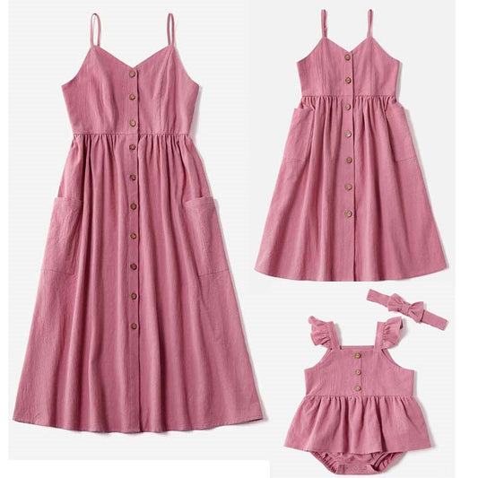 Matching Mauve Pink A-Line Dress with Pockets for Mommy and Me and Baby