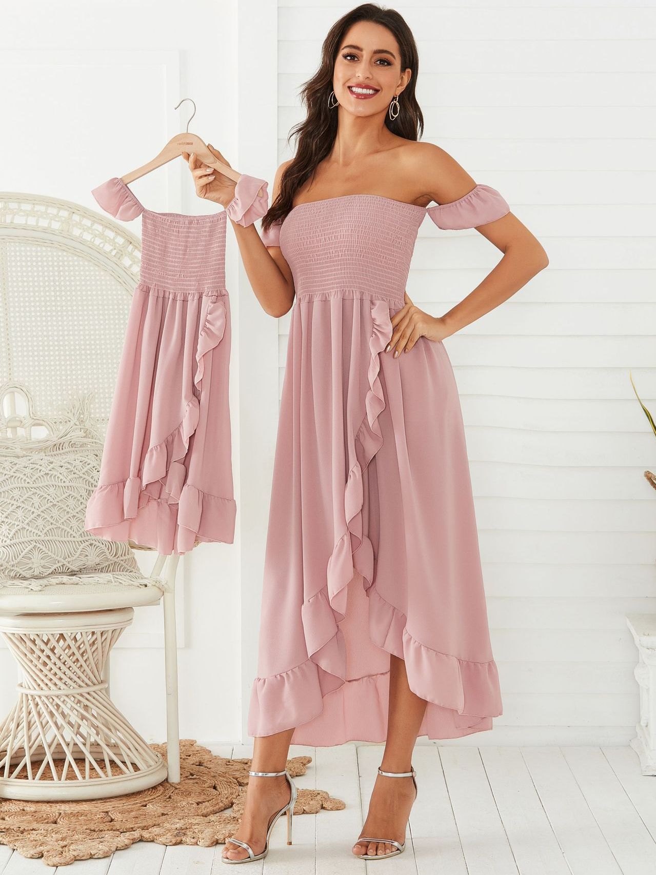 Mommy and Me Off the Shoulder Short Sleeve Elastic Stretch Top Flowy Ruffle Dress