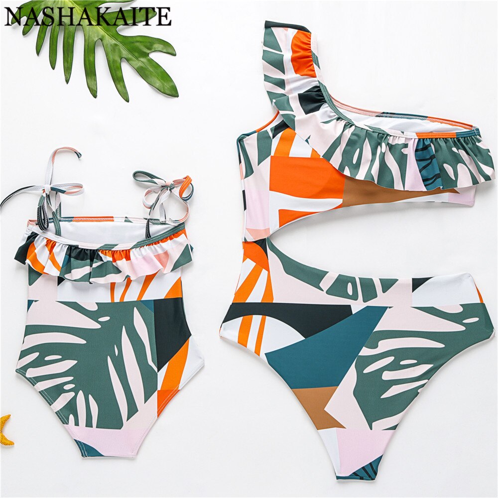 Mommy and Me One Shoulder Leaf Print Matching Swimsuit