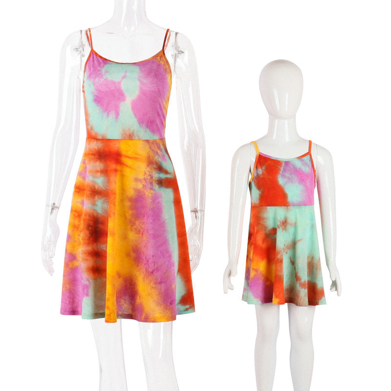 Mommy and Me Watercolor Splash Tie Dye Sleeveless Summer Dress