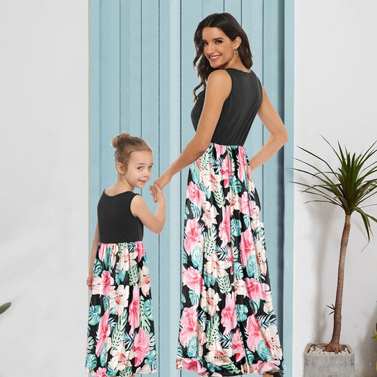 Mommy and Me Floral Black Summer Maxi Dress